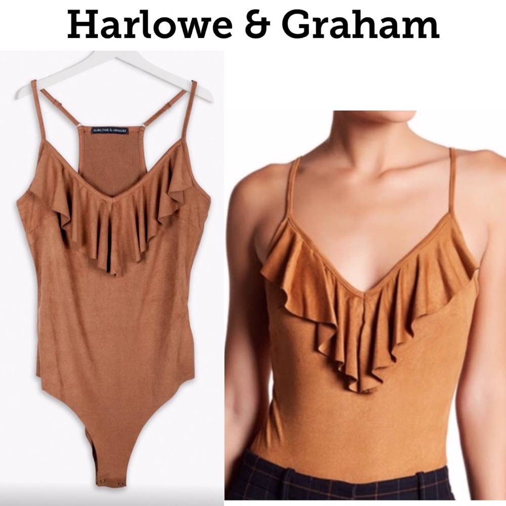 🔴 HARLOW & GRAHAM Faux Suede Bodysuit Caramel NEW